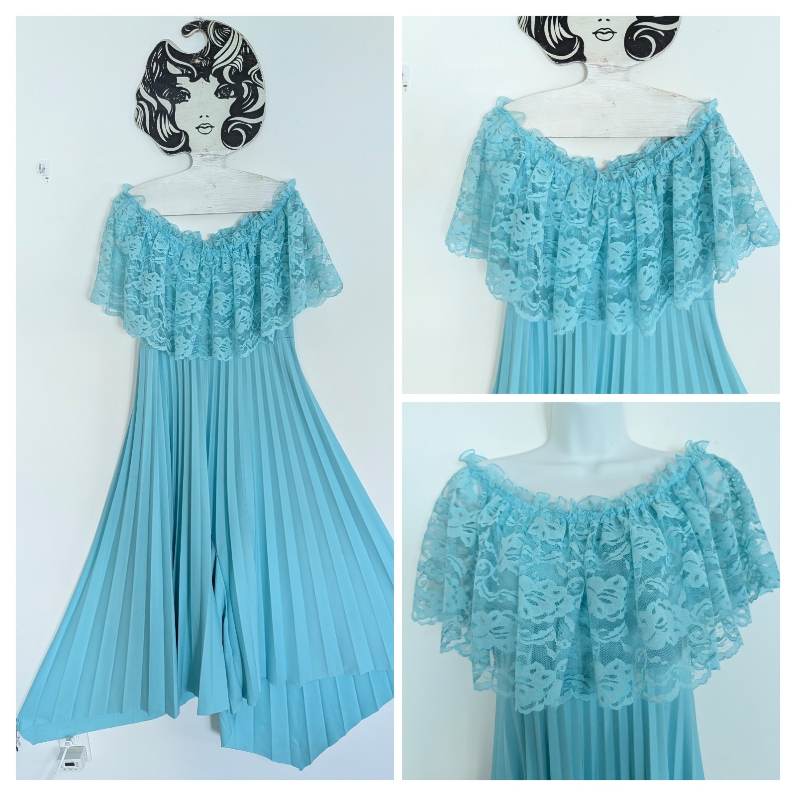 Vintage 1970s Jumpsuit Hostess Dress Off Shoulder Lace Collar Pleated Legs Small