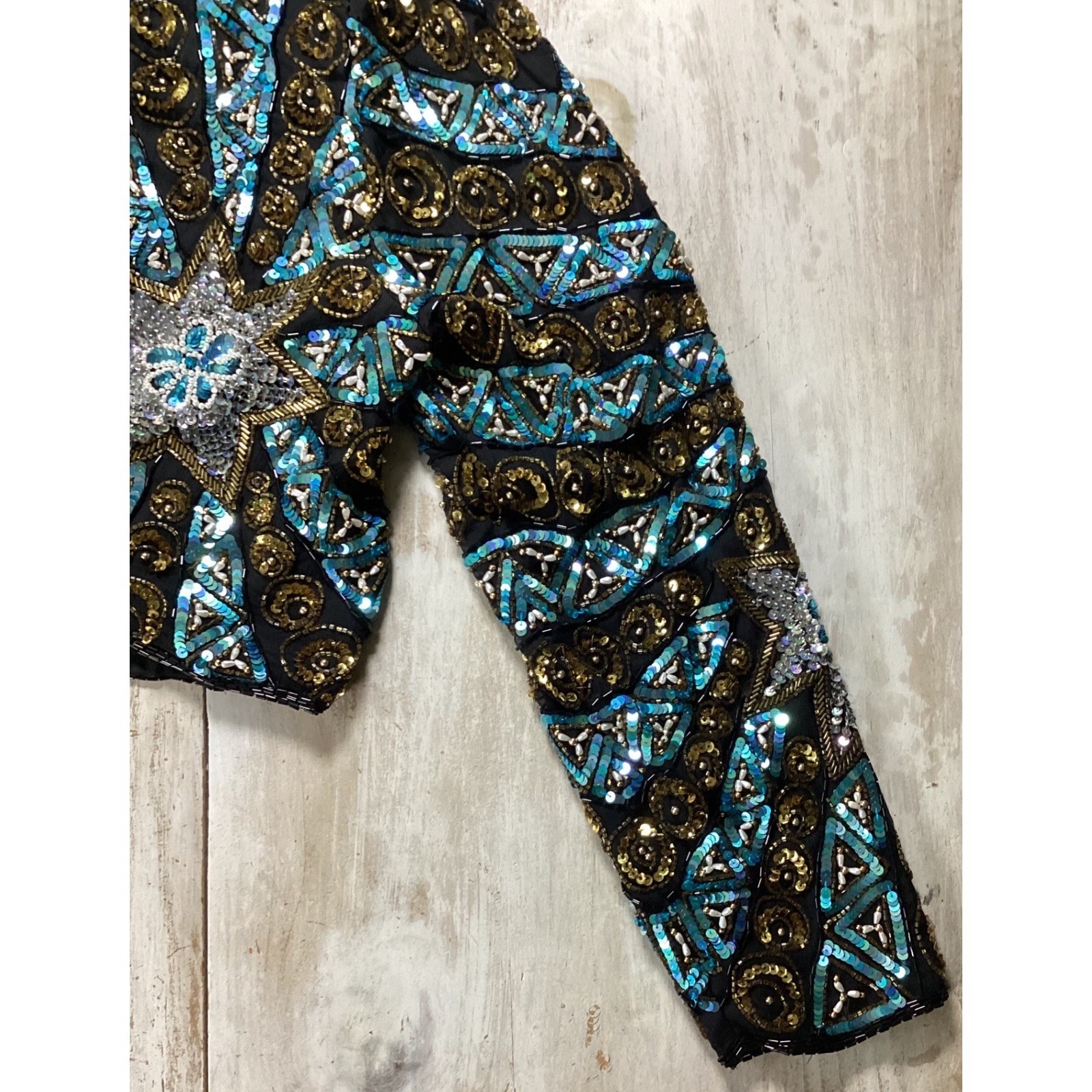Scala Vintage Beaded Silk Bolero Jacket Gold Turquoise Sequin Starburst Medium