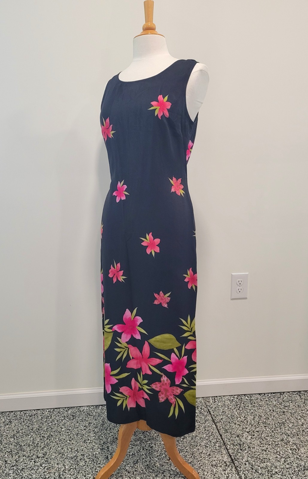 Vintage Maxi Column Dress Black Multicolor Floral Summer Early 1970s L