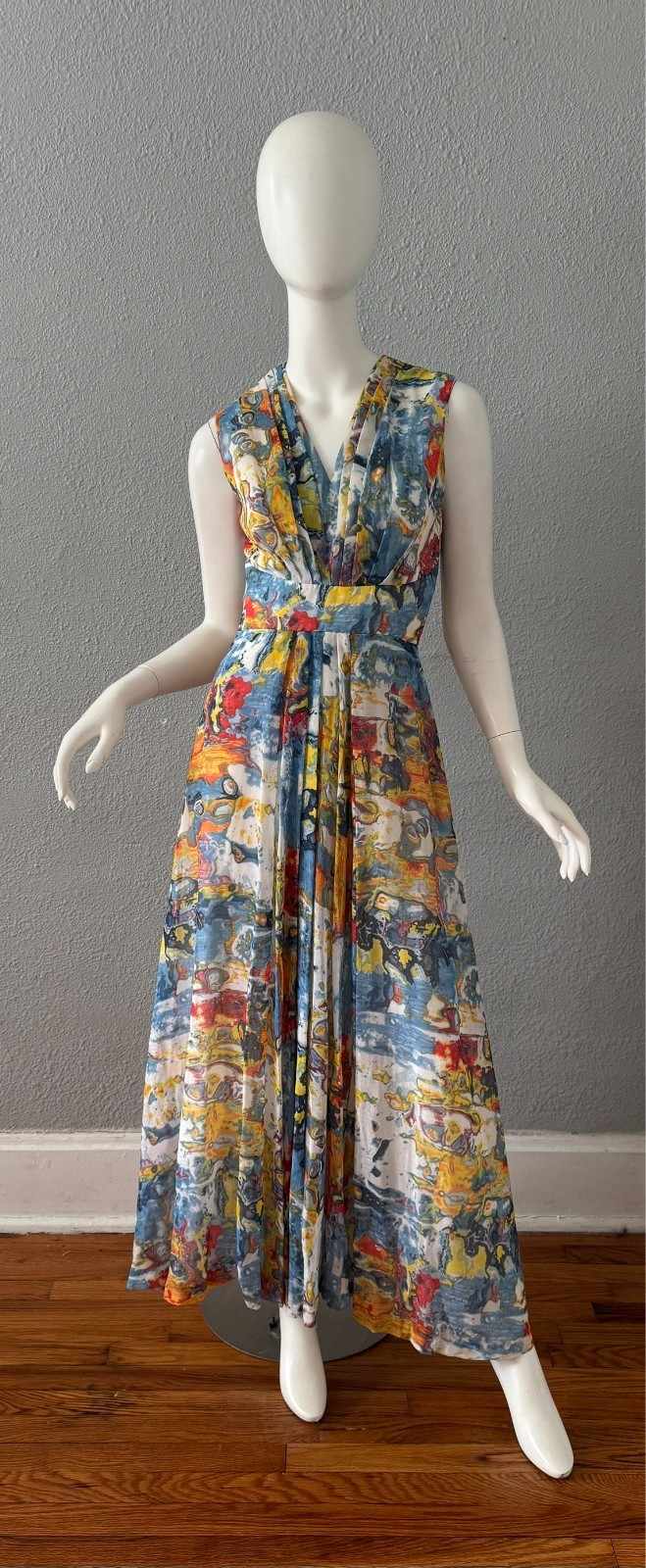 Vintage 60s Abstract Mod Boho Maxi Party Dress XS