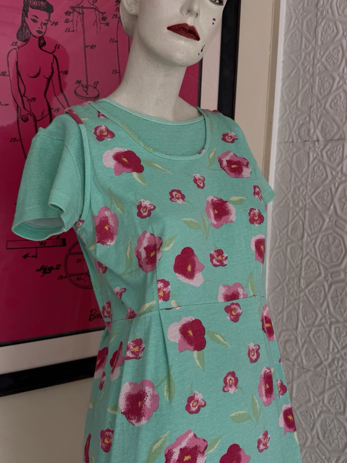 Vintage 1990s Dress Set-Knit-Floral-Spring-Cottage Green Pink-T Shirt-Tank-M