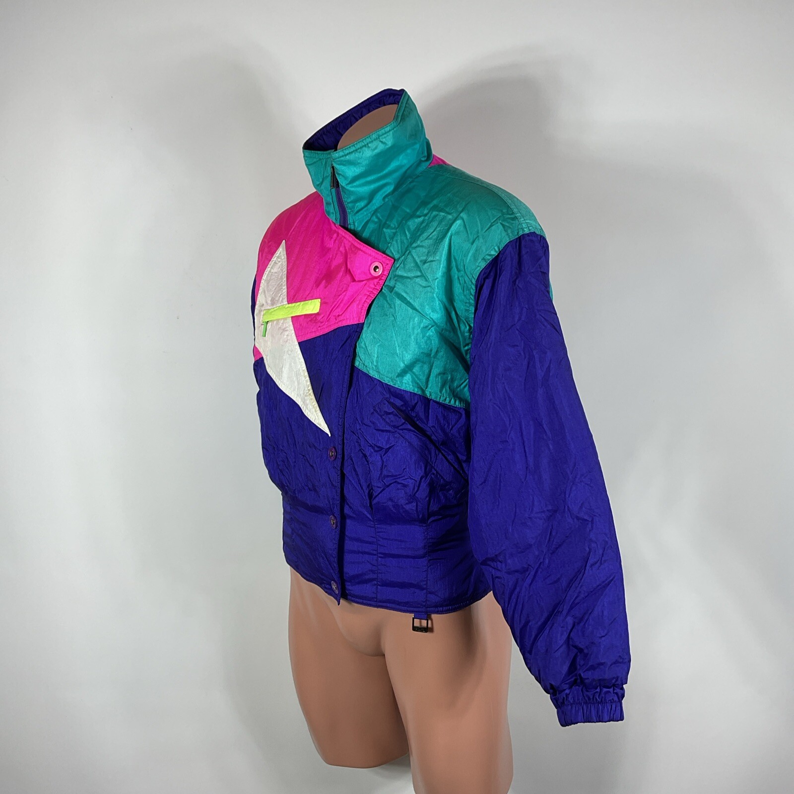 Vtg 80s SKI JACKET WINTER COAT BY FERA 10 Batwing Black Colorblock Neon Smocked