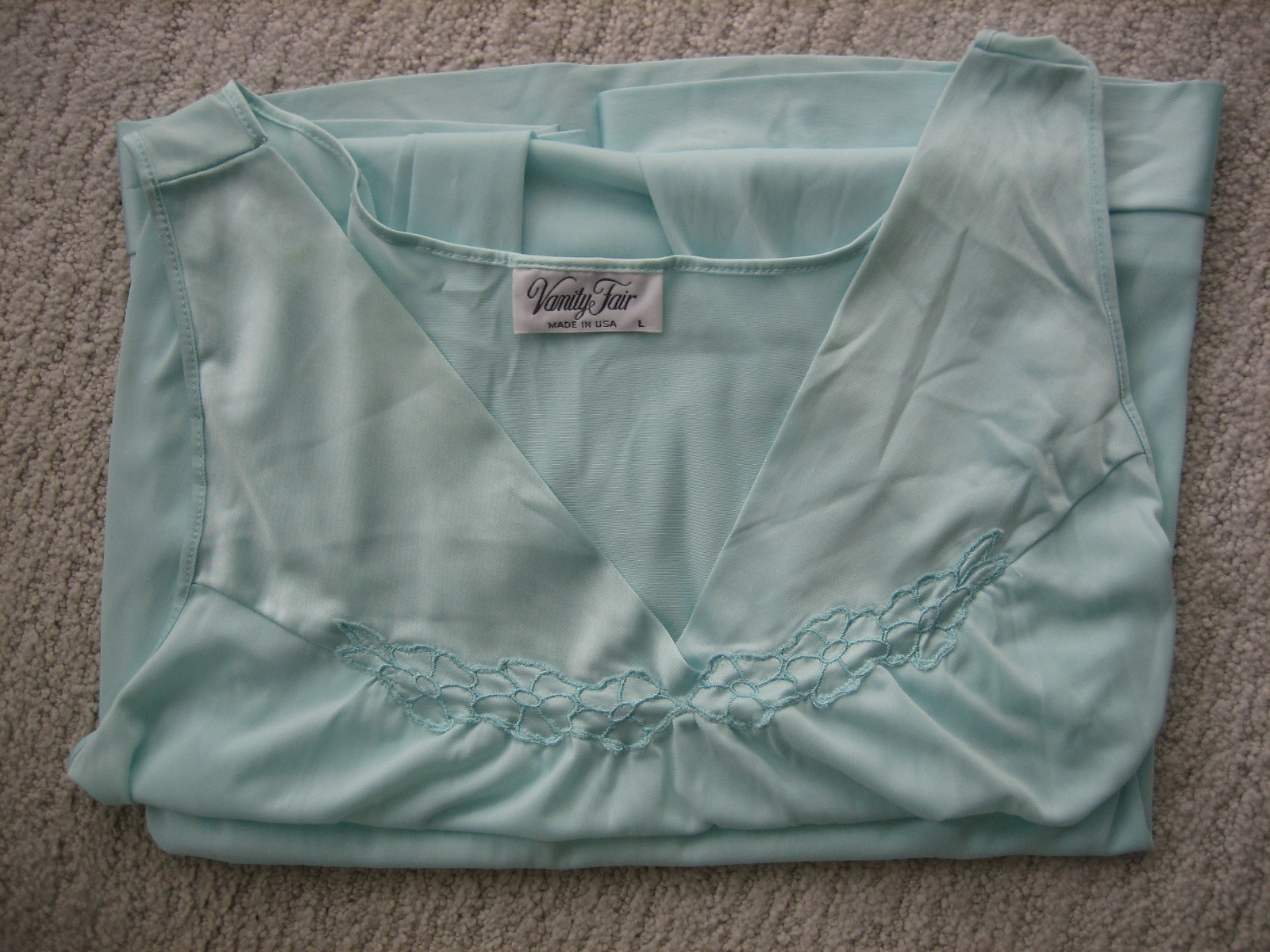Vtg Vanity Fair Aqua Nylon Nightgown Slip Dress Sleeveless Size L Made in USA