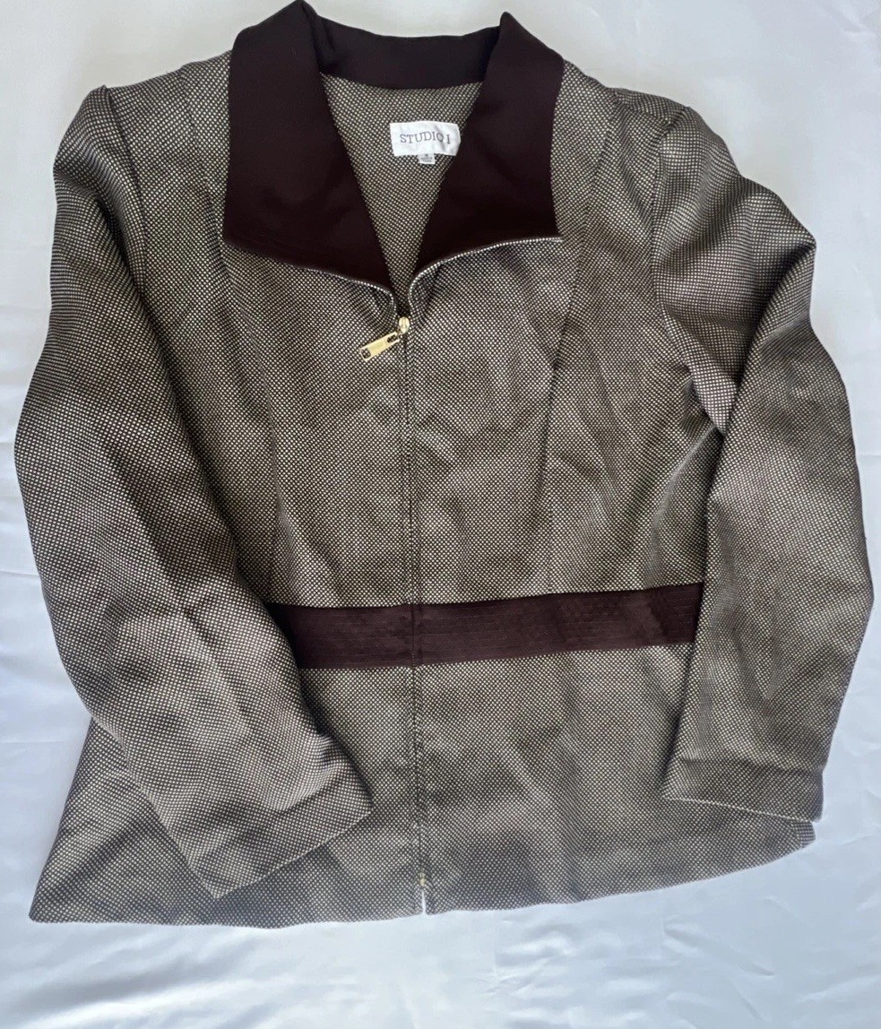Vtg Studio I Brown Jacket Women&rsquo;s Plus Sz 18 Zip Front Collared Textured Blazer