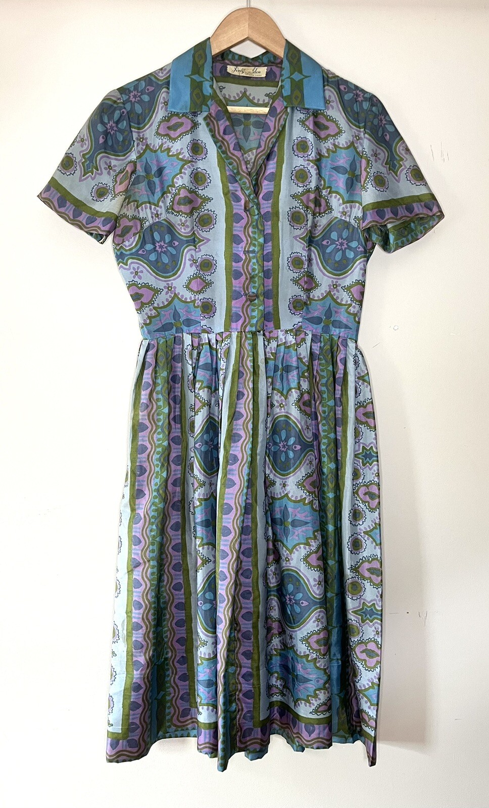 Vintage 1960s Shirtwaist Dress Purple Green Blue Silk? Union 28&Prime; W **AS IS**