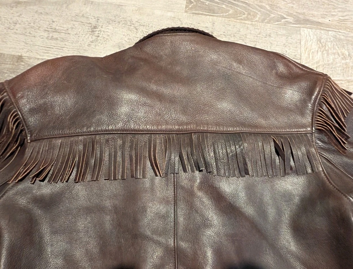 Vtg UBER Fringed Genuine Leather Bomber Jacket Minnesota USA XL 2XL Quilt Lined