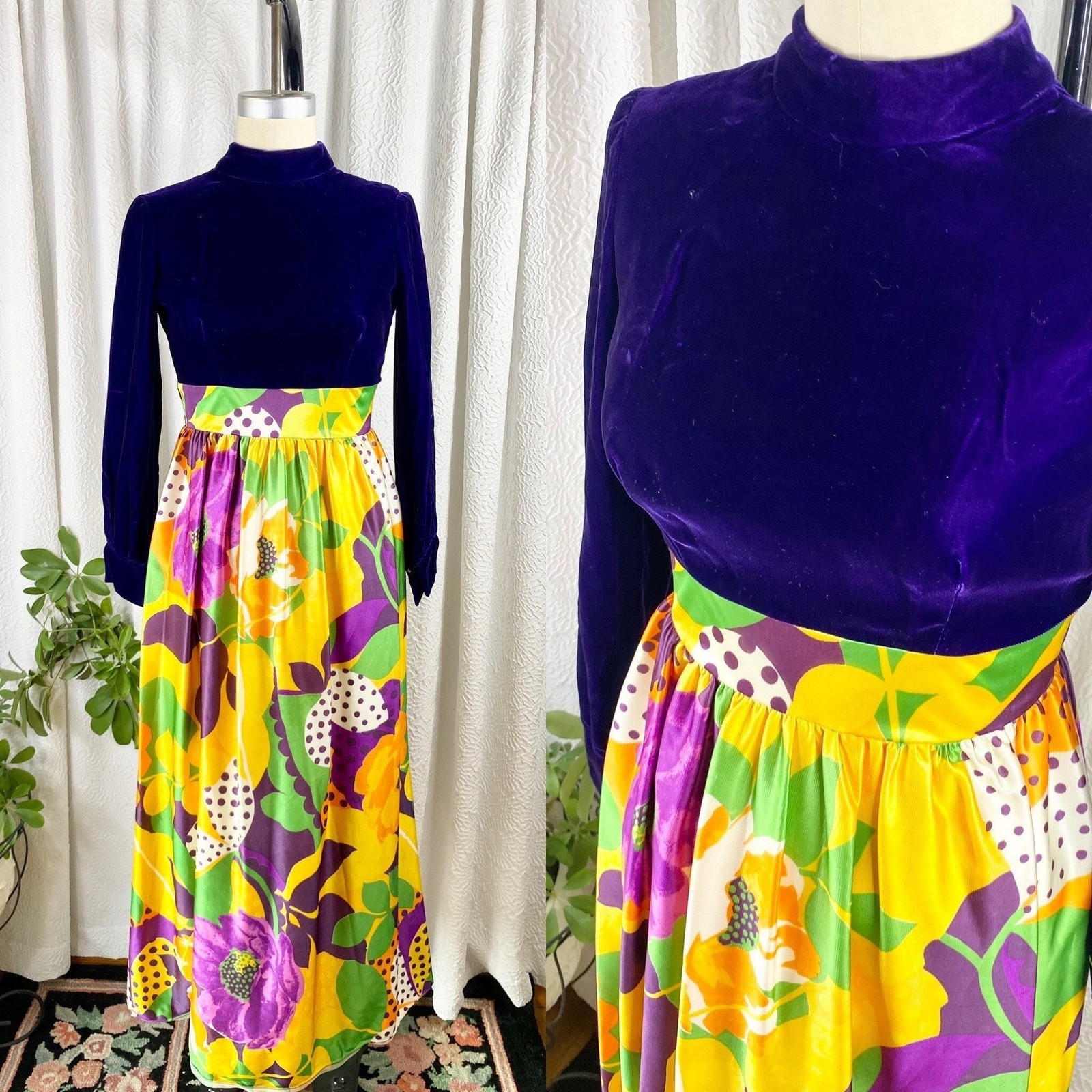 Vintage 1960s Floral Velvet Maxi Dress, Mod Style, Size S