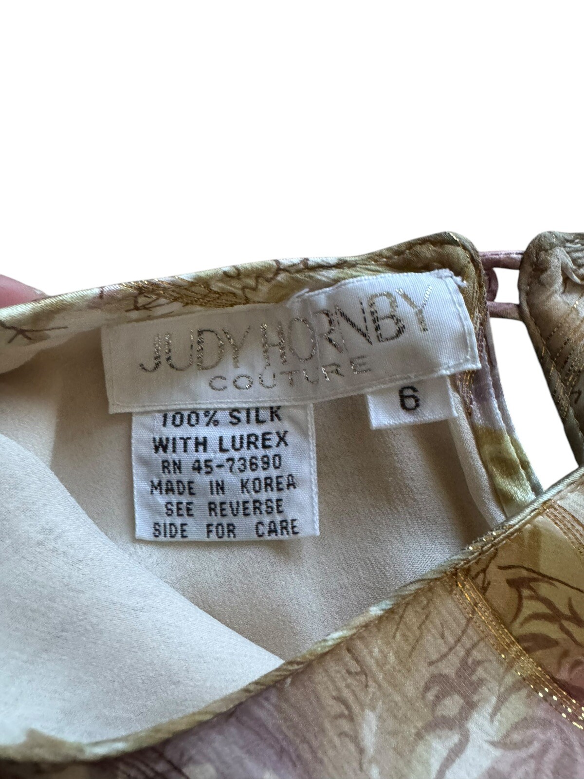 100% Silk Judy Hornby 6 Vintage Couture 80’s Pastel Floral Metallic Gold Ruffled