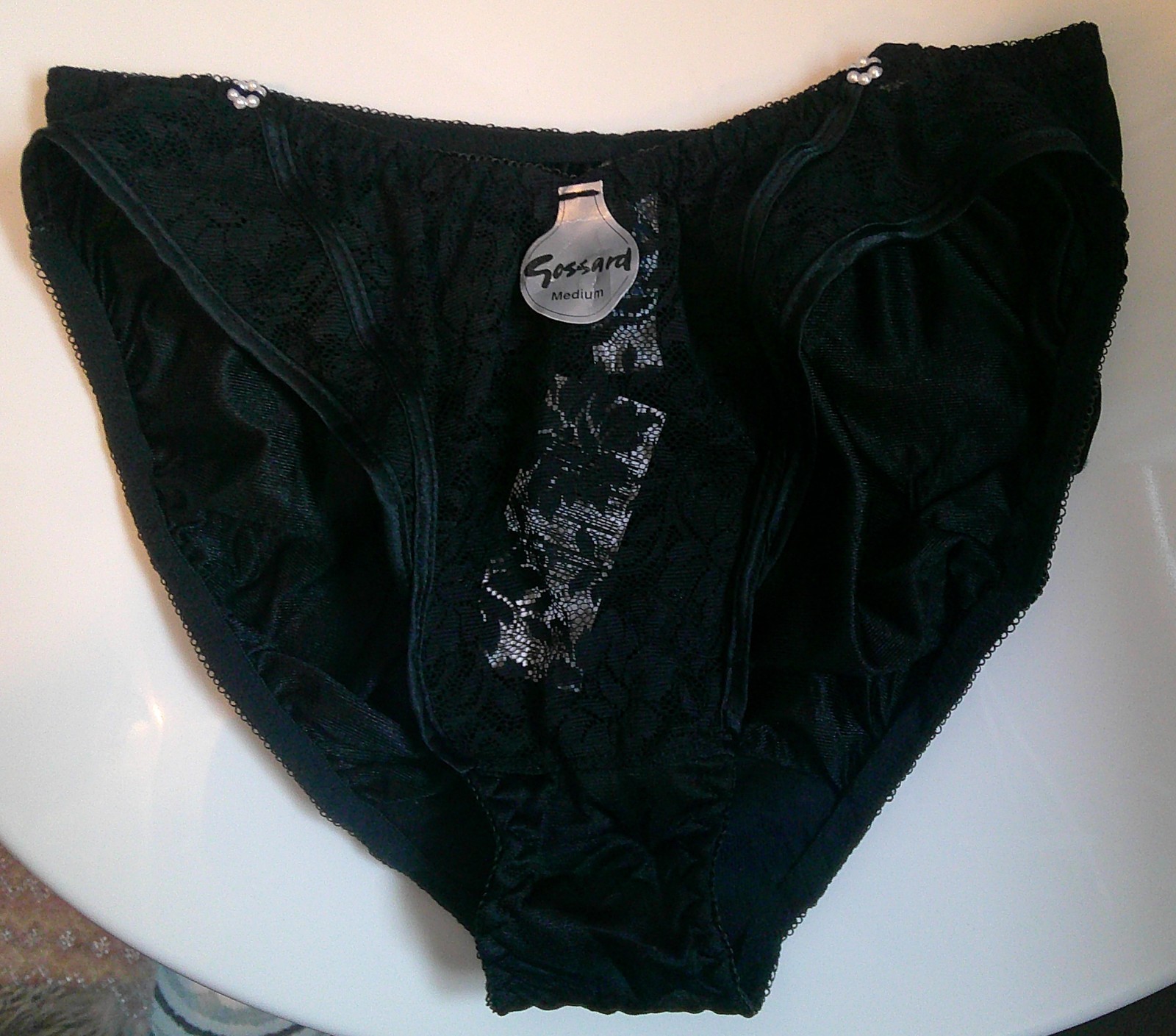 NWT Vtg « Gossard » High-Cut Lace Panel/Pearl Beads PANTY Style 1933 n Black Sz M