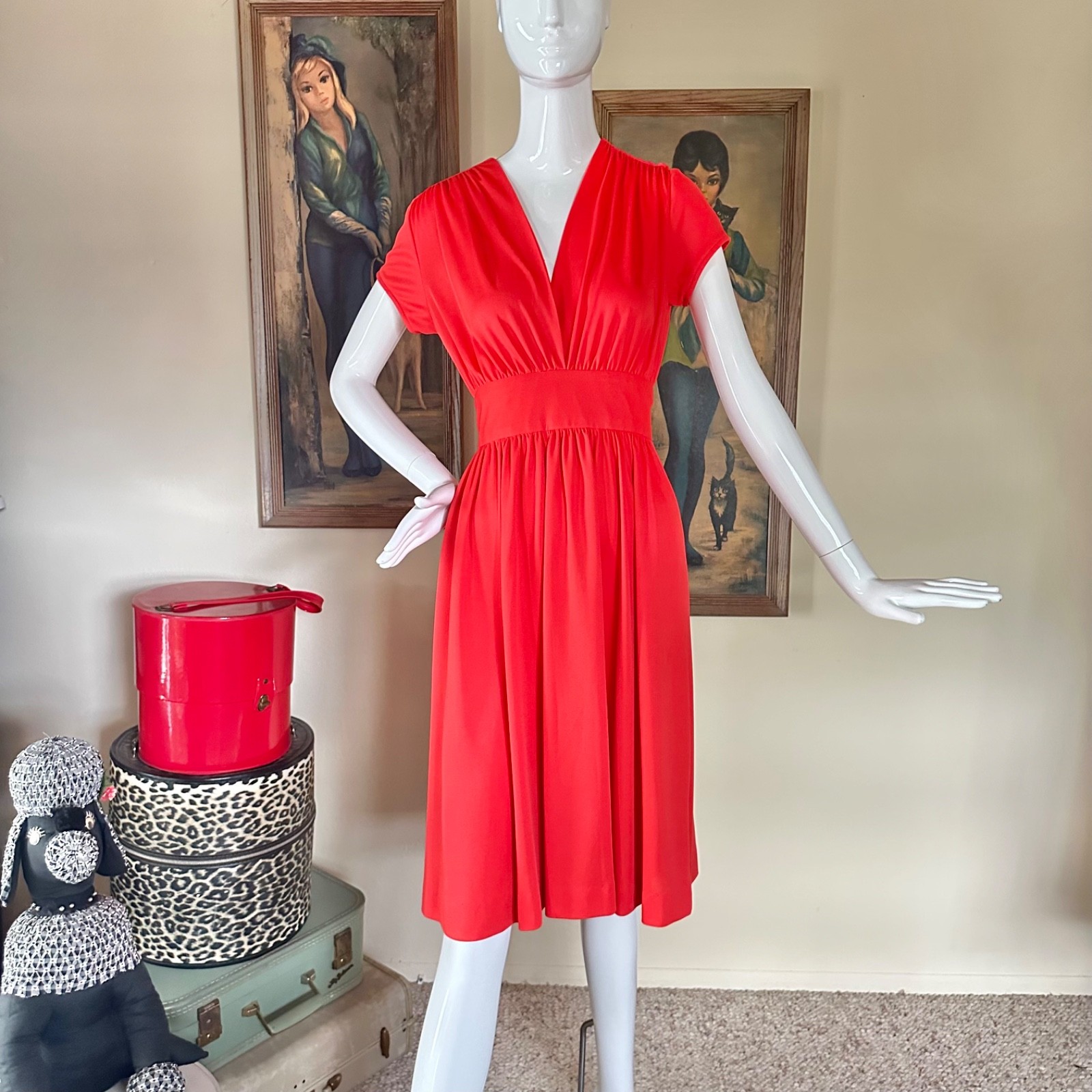 Vintage 1970s Cherry Tomato Disco Goddess Jersey Dress Studio 54 Full Skirt by M