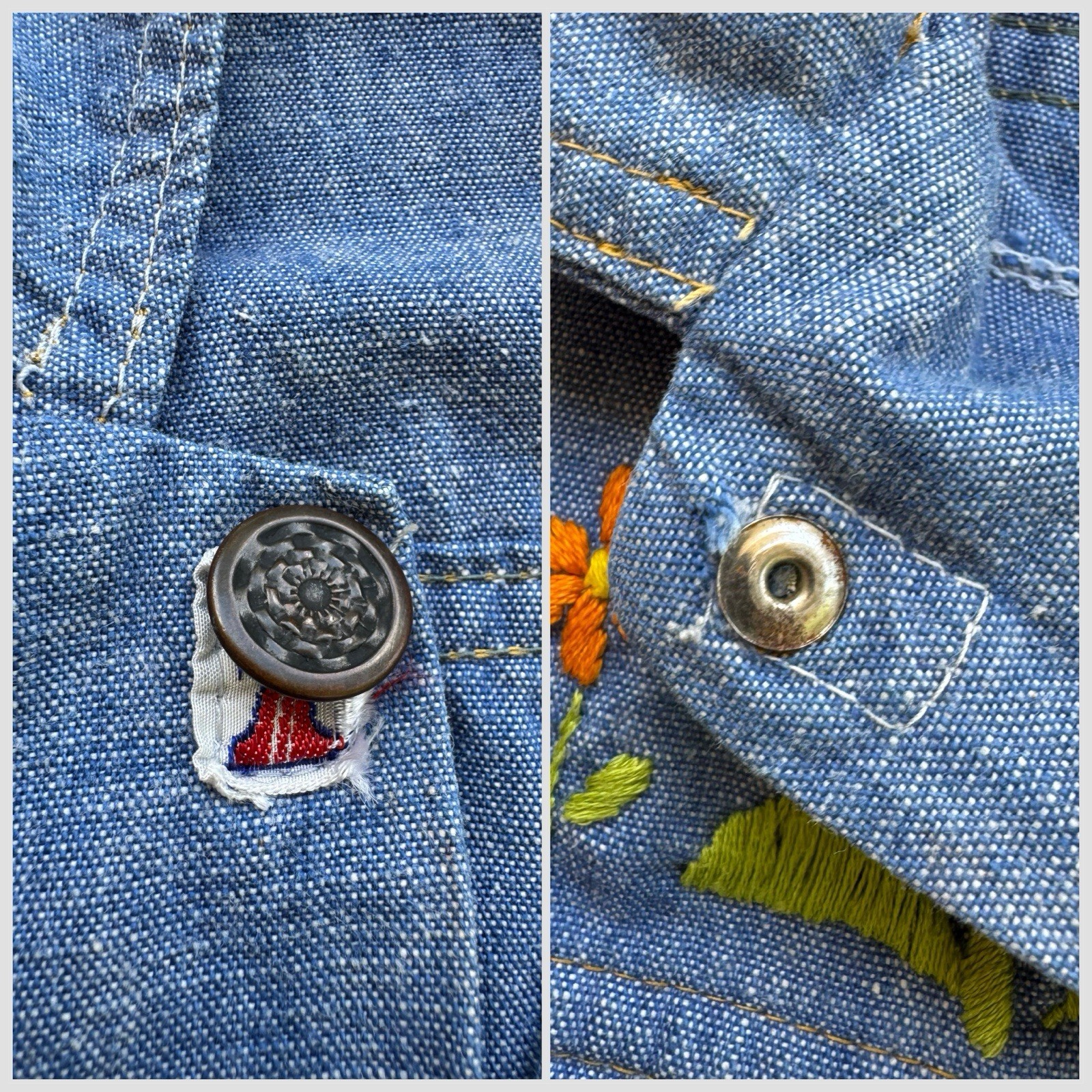 1970s Embroidered Chambray Jacket Floral Western Trucker Cotton Mexico S/M VTG
