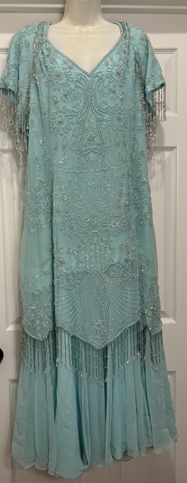 Jack Bryan Vintage Teal Beaded Chiffon Dress 18 Art Deco Gatsby Evening Flapper
