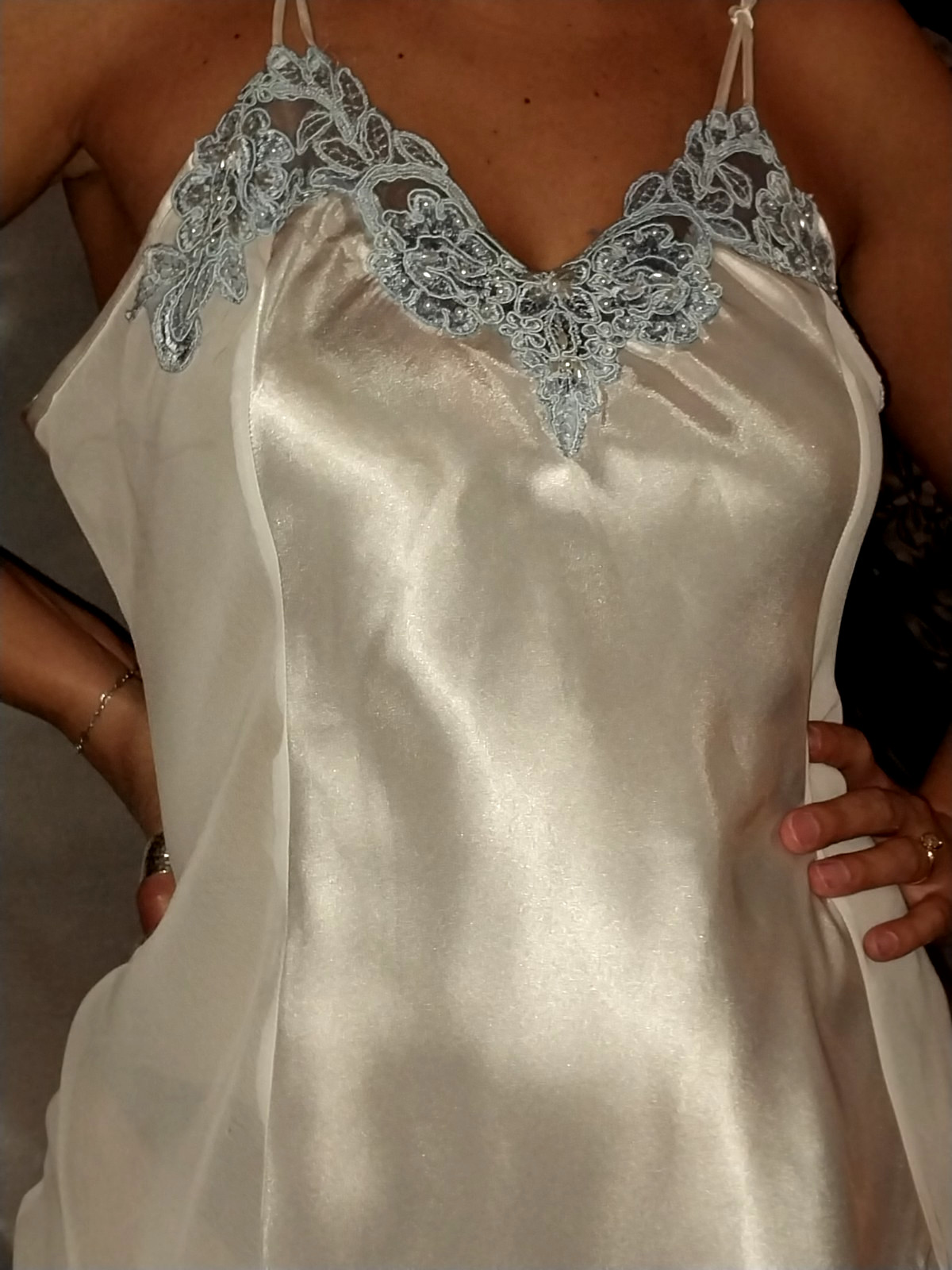 VTG SATIN LIQUID SHINY LUX BABYDOLL VENICE LACE BEADS BABY BLUE XL 44 46 CHIFFON