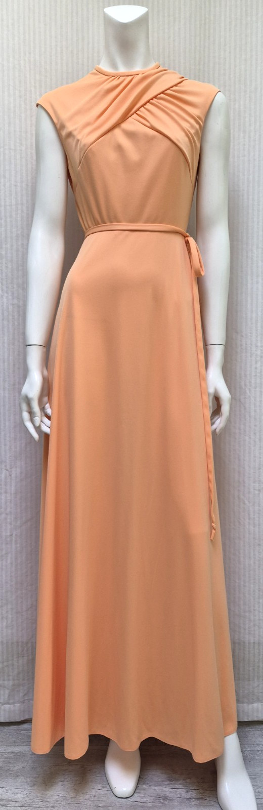 Vintage 1970s HOUSE OF BIANCHI Peach Maxi Dress Disco Jersey – Size S – EUC