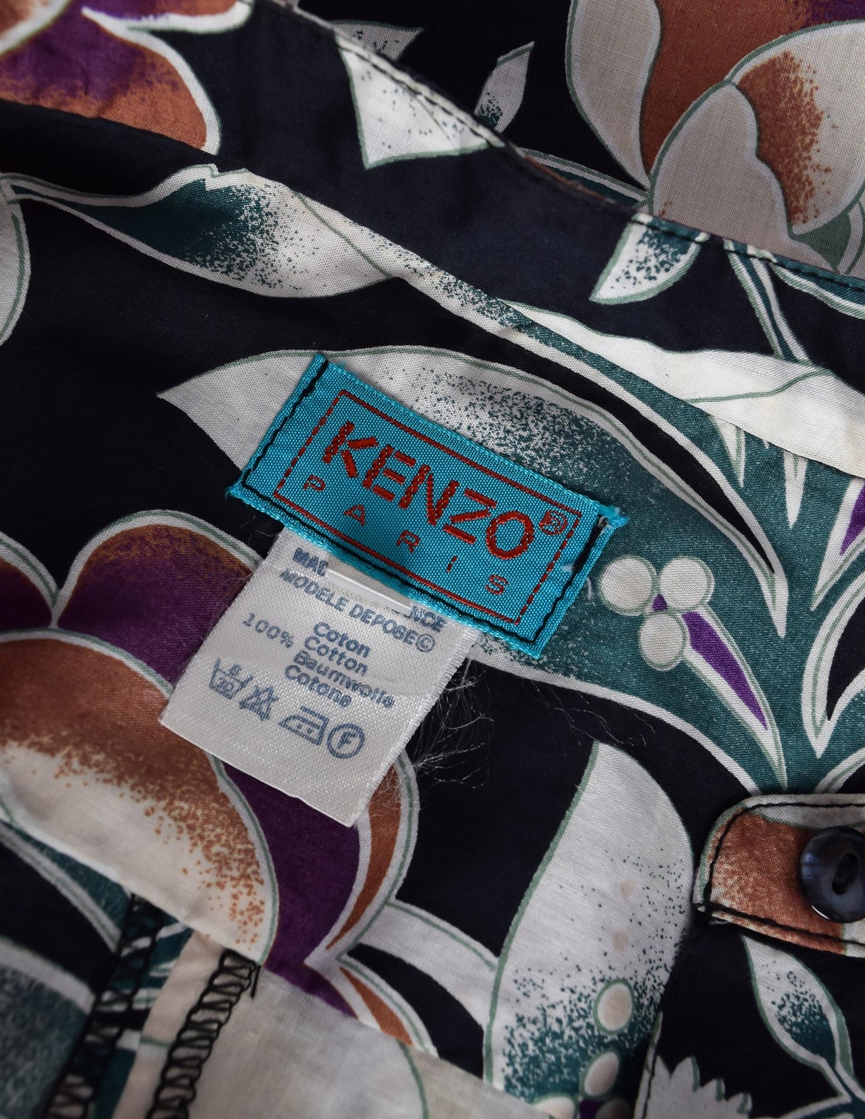 Kenzo Vintage 1980s Black Multicolor Floral Pleated Cotton Shirt