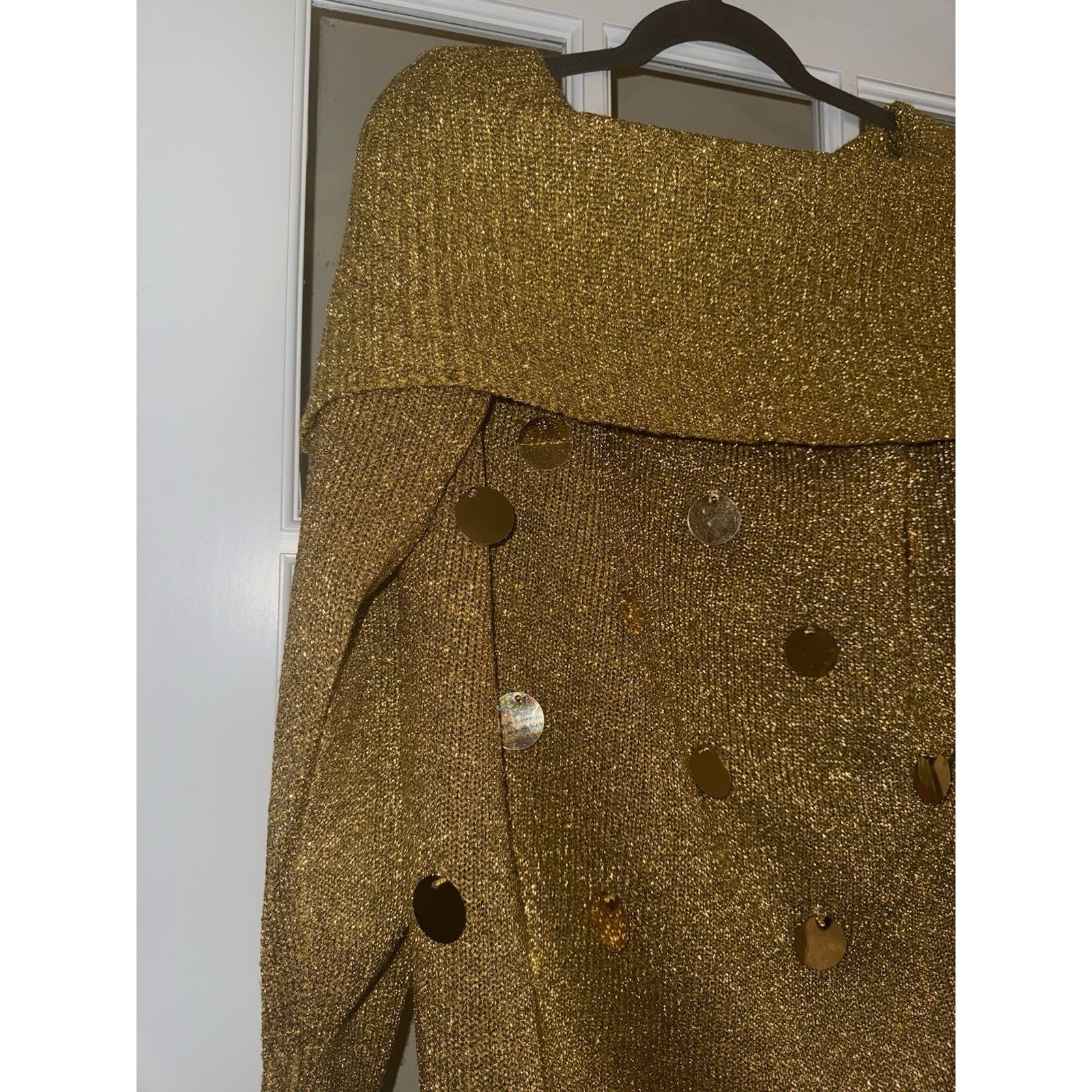 Spree VTG 80s 90s Gold Sequin Off Shoulder Oversized Sweater MD Glam Rock Party