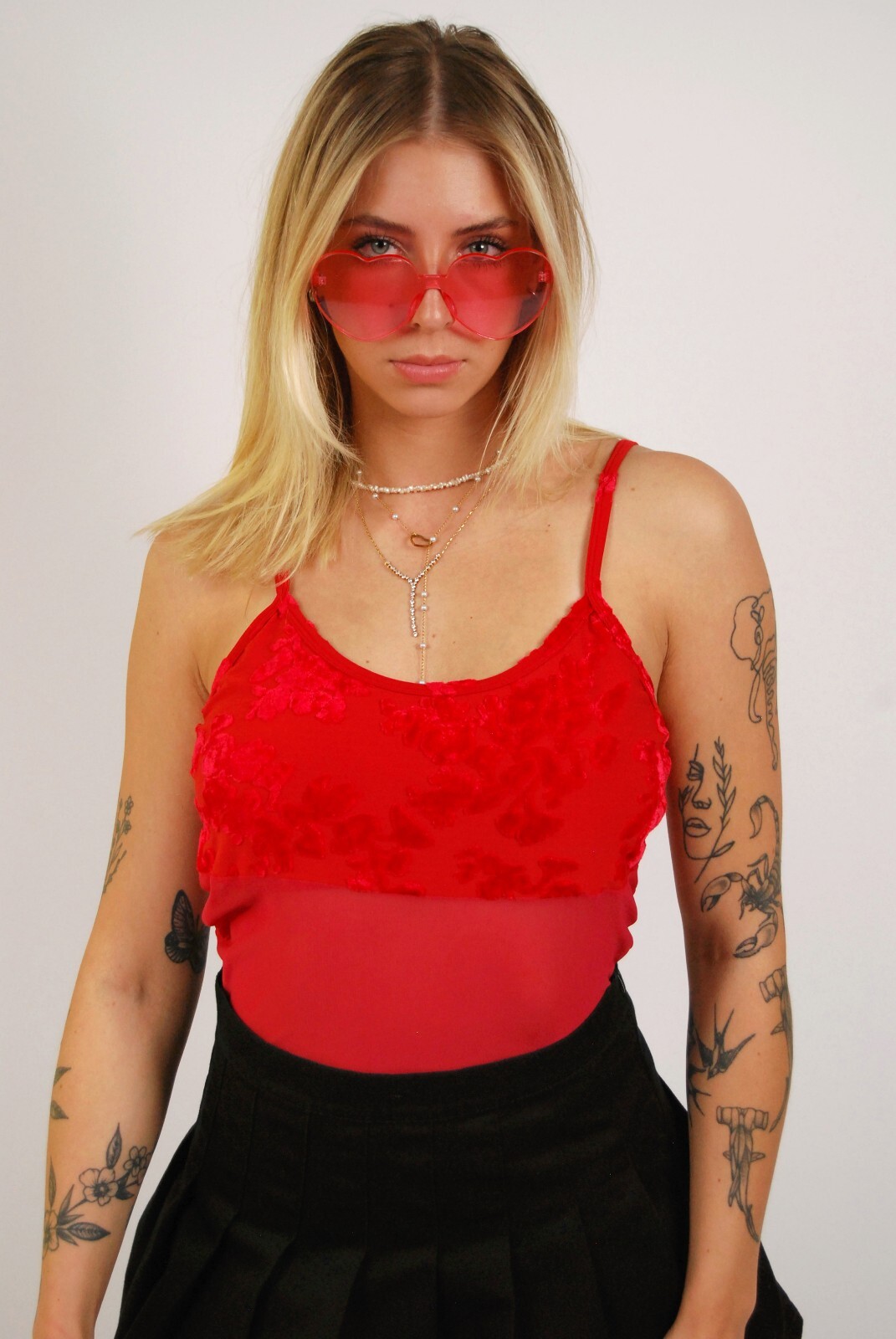 Sheer Mesh Cami (S) vintage 70s red velvet flocked small