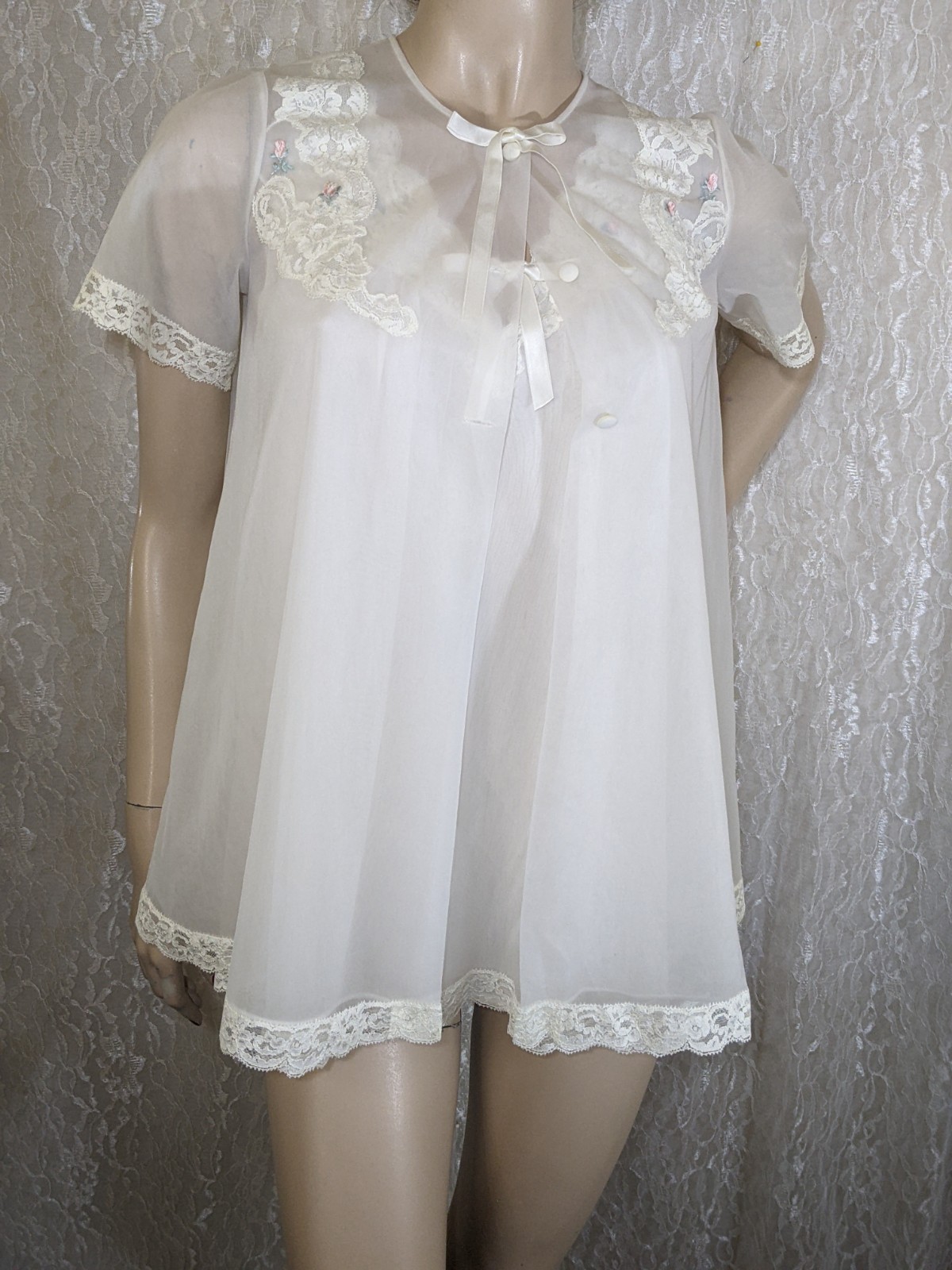 Vintage Shadowline Ivory Chiffon Lace Babydoll Nightgown Peignoir Robe Set PS