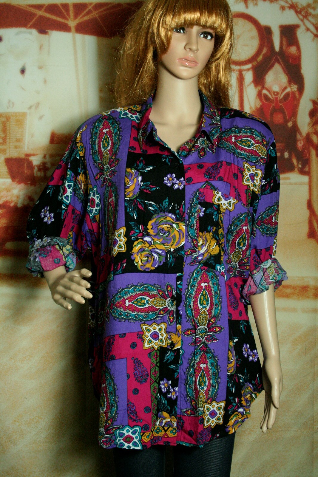 Moda Internazionale Top Long Sleeve Multi Color Patterned Button Up Sz 18/20