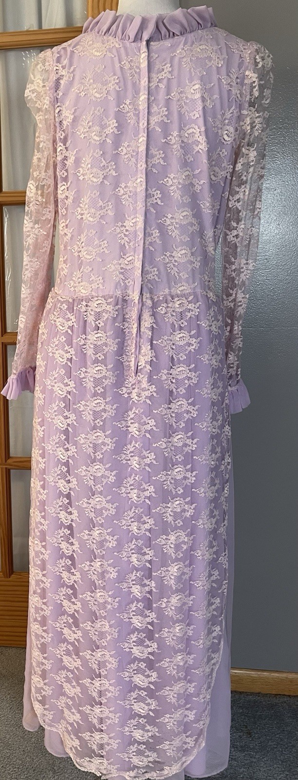 Vtg 70s Handmade Victorian Maxi Dress Sz L Lavender Floral Lace Overlay Prairie