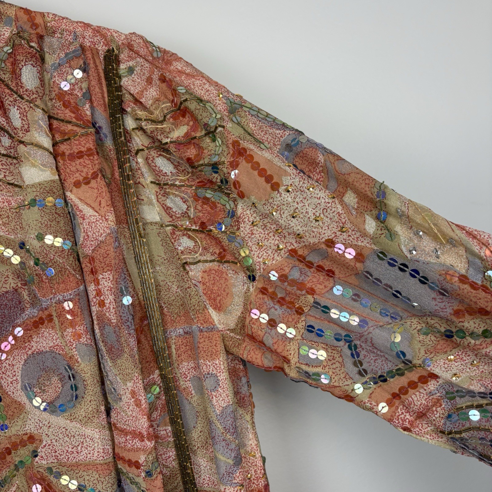 Vtg Judith Ann Creations Sequin 100% Abstract Silk India Long Sleeve Dress