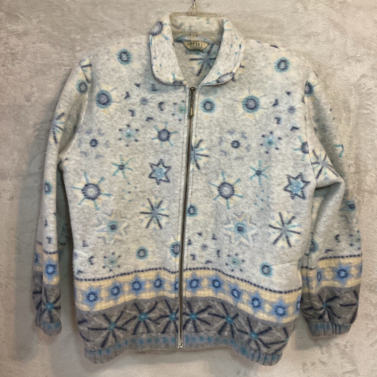 Vintage Teddi Fleece Jacket Size Small Full Zip Blue Gray Stars Space Y2K