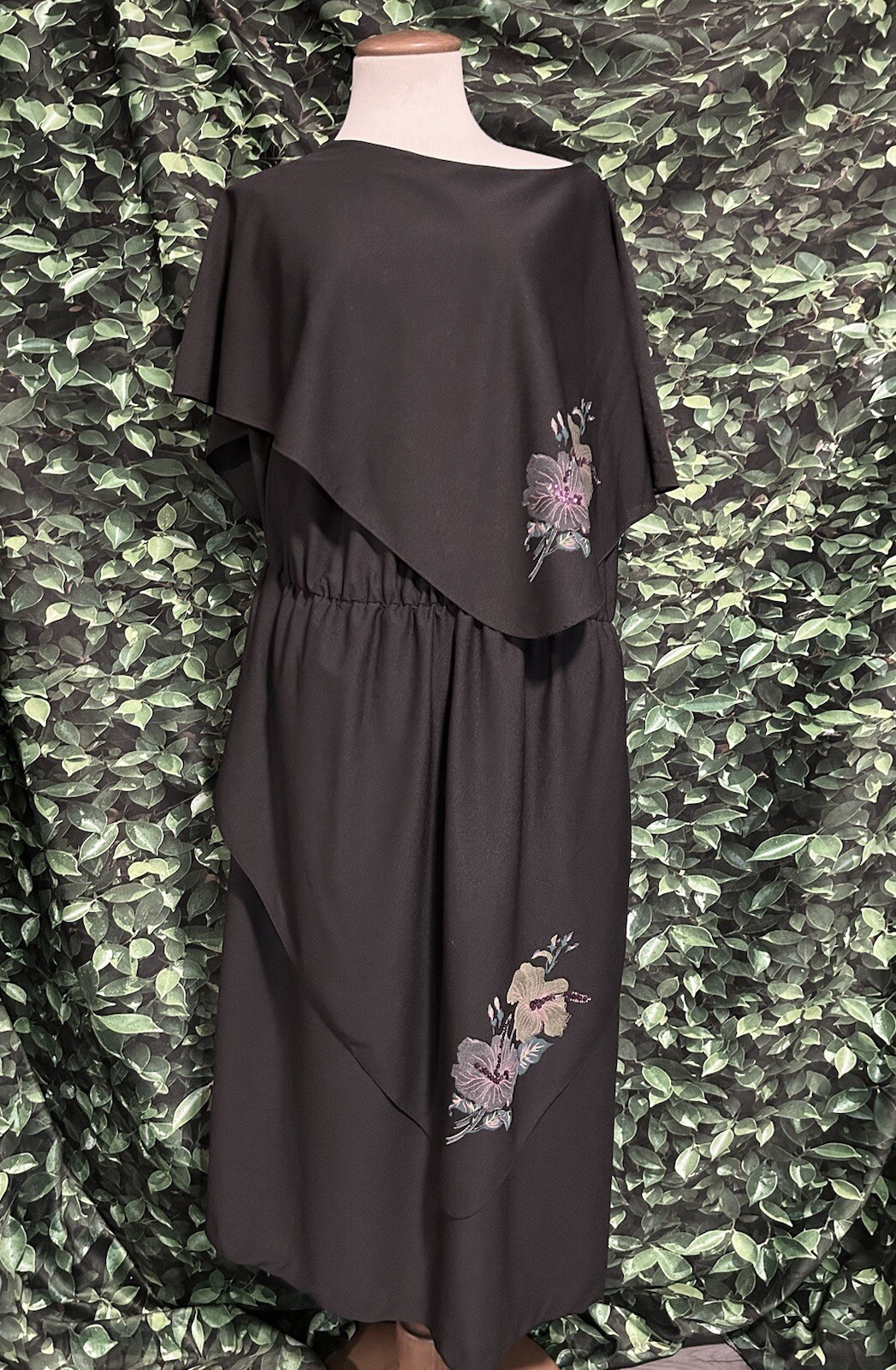 Floral Tiered Dress Single Shoulder Sleeveless Polyester Black Vintage 1980s XL