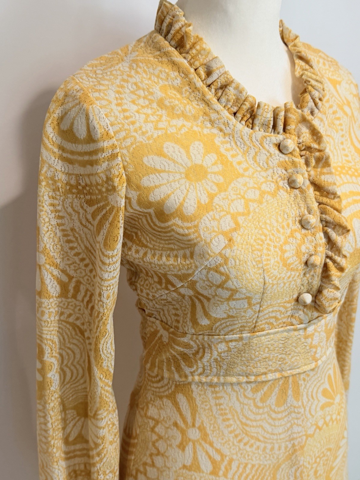 Vintage 60s/70s Mod Mini Dress Yellow Bold Floral Boho Prairie