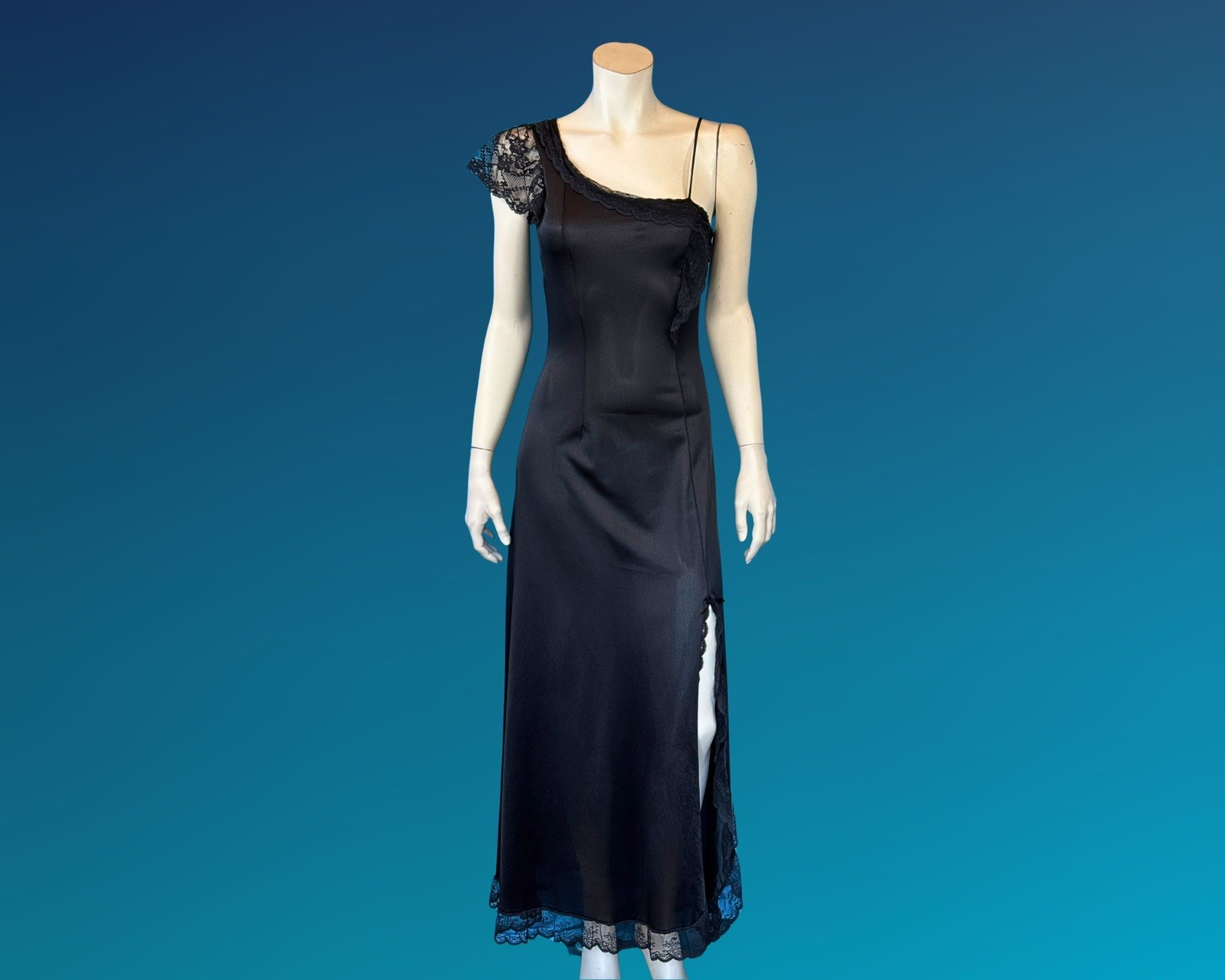 90s Dark Romantic Asymmetrical Black Negligee Slip Dress Nightgown | XS