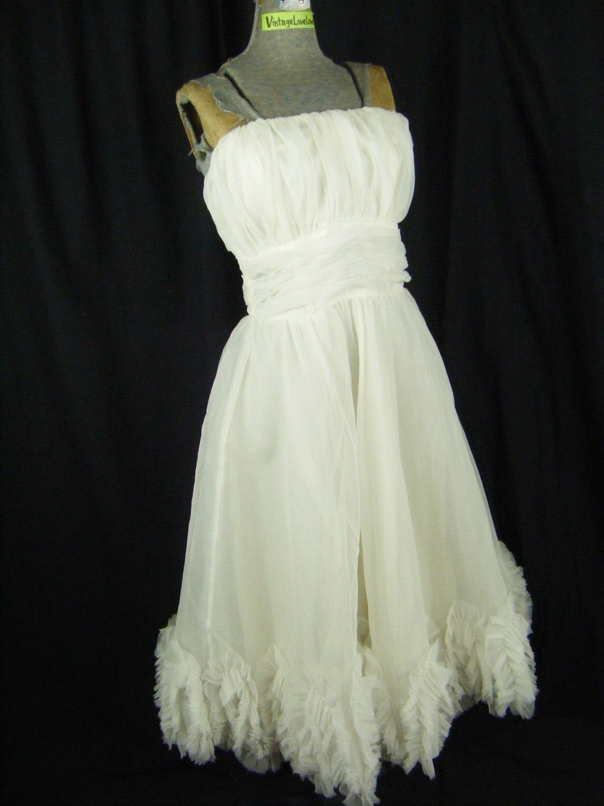 Vtg 50-60s White Strapless Wedding Prom Party Dress w/Ruffle Hem-Bust 34/2XS-XS