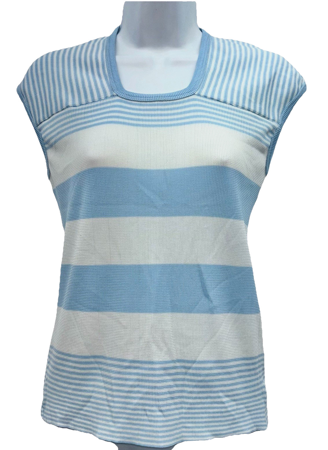 Vintage 70s Joyce Women Size XL Pullover Sleeveless Knit Top Blue/White Stripes