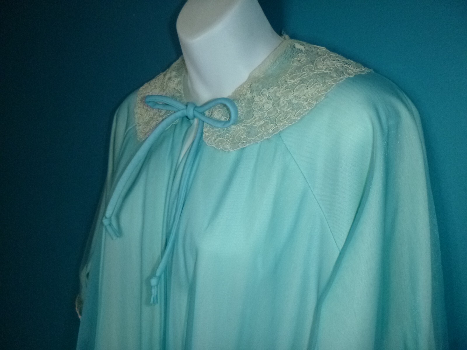 Vtg 50s Odette Barsa 2 Layer Chiffon Over Nylon Robe Turquoise Off White Sz M