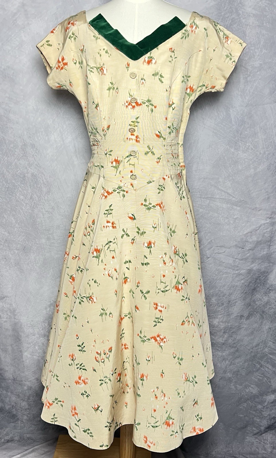 Vintage 1950s Jolyn Junior Floral Fit & Flare Full Skirt Dress Cream & Green S
