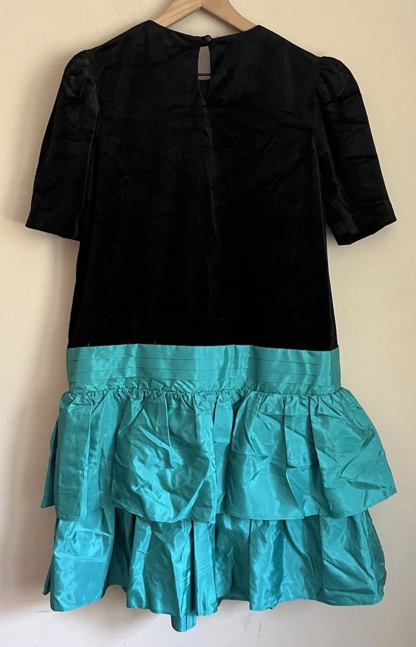 80s 90s Prom Dress Vintage Party Black Gown Bow Formal Size XS 0 2 Ruffles