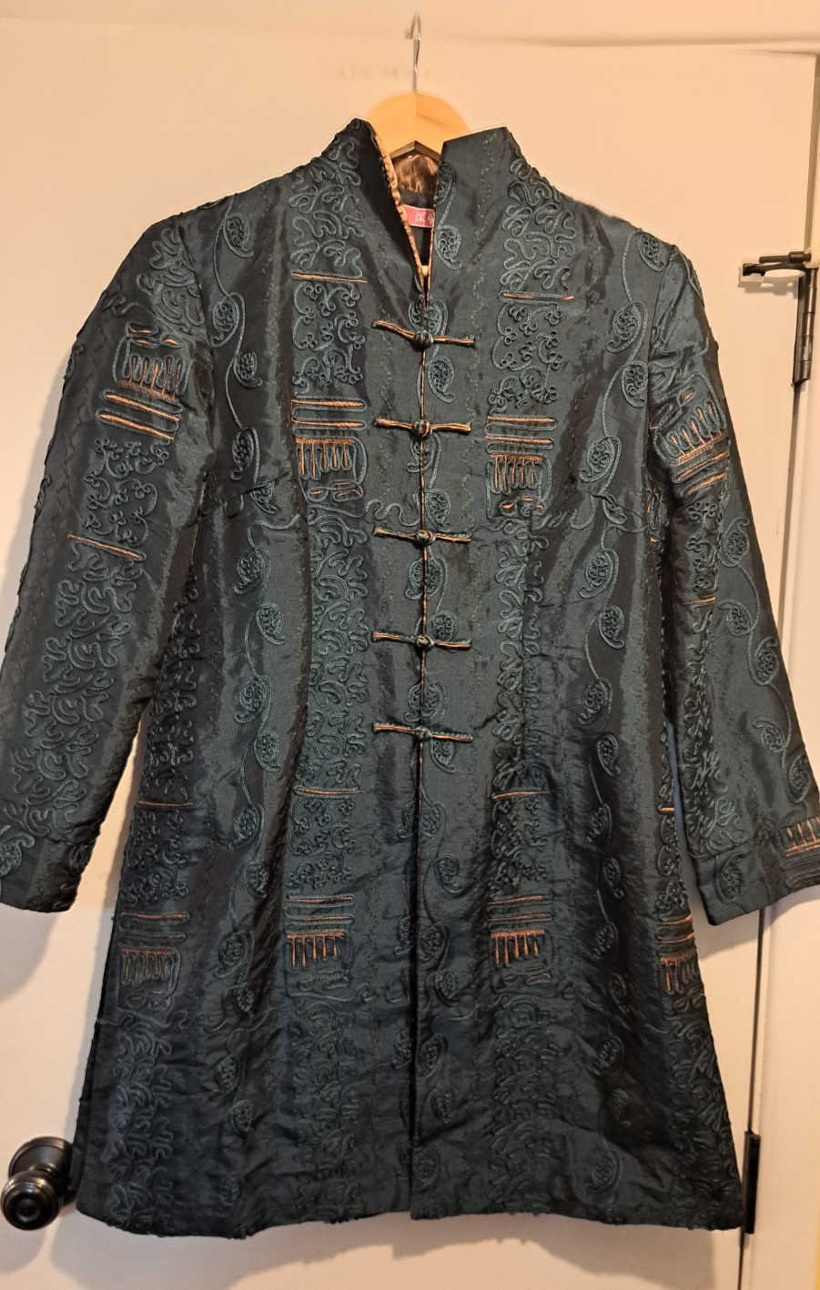Thai Silk Embroidered Robe Jacket Green Coat US Medium Asian XXL
