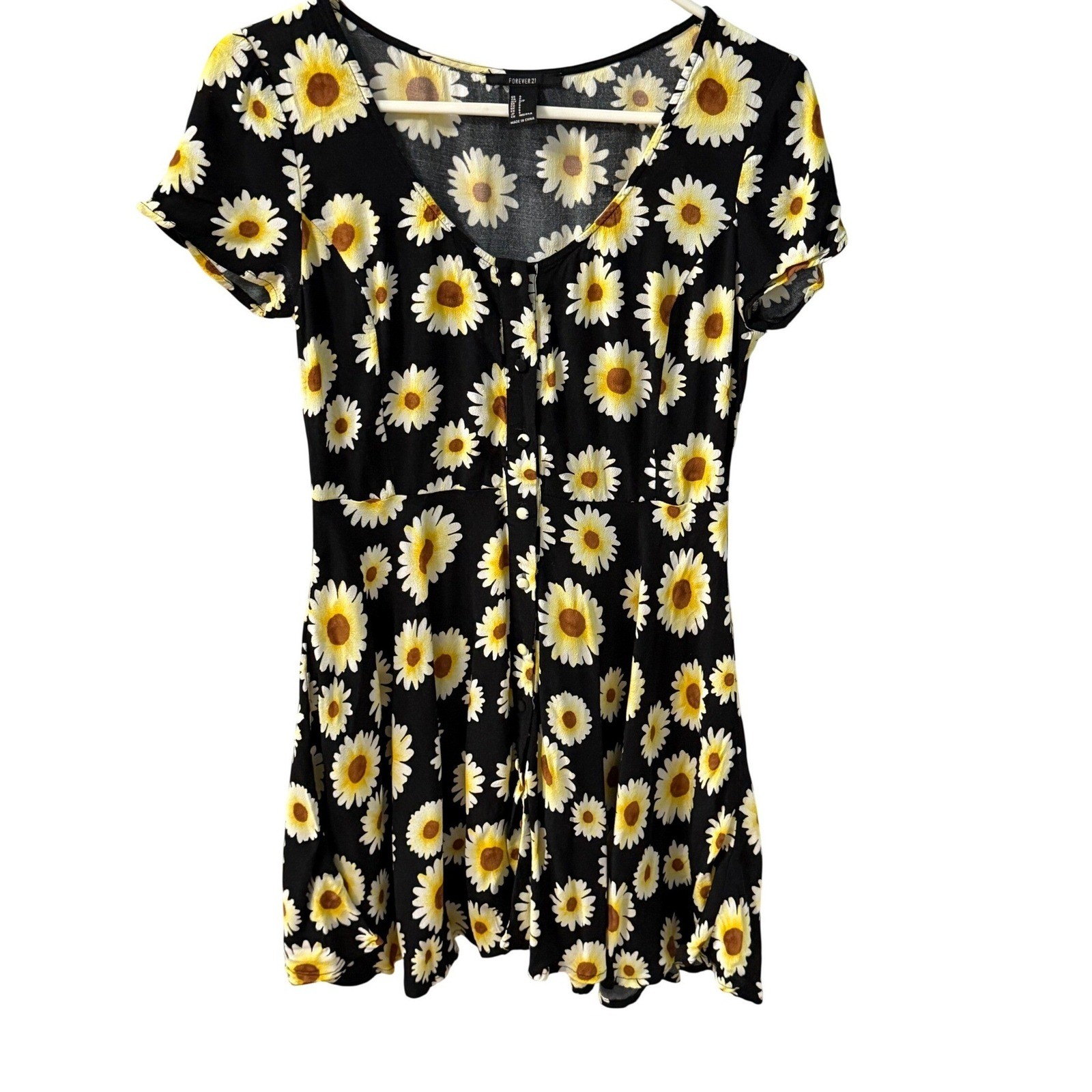 Forever 21 Sunflower Skater Dress SZ S 90&rsquo;s Retro Short Button Front Rayon