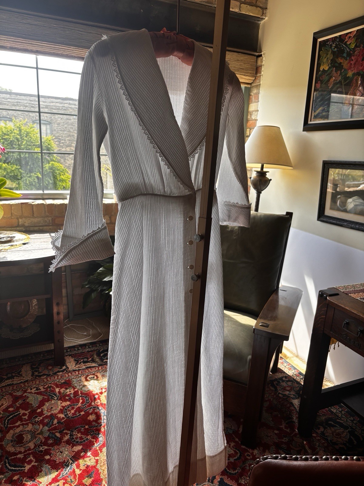 Antique Edwardian Early 1900s White Cotton Dressing Gown Robe Sz S Empire Waist