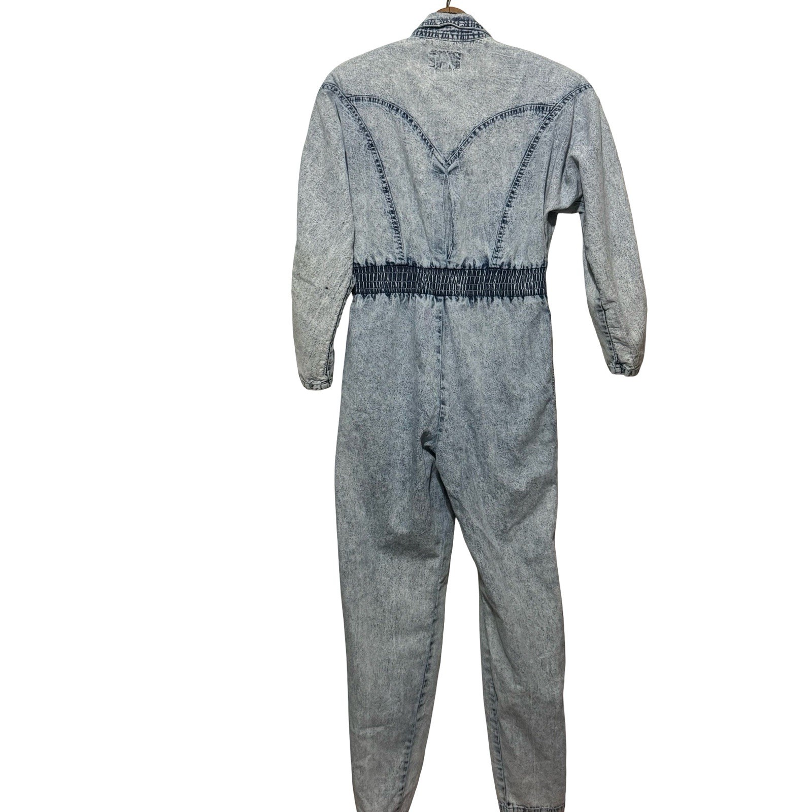 Vintage 80s Amdiano Italia Denim Acid Wash Jumpsuit size Medium pink leather gem