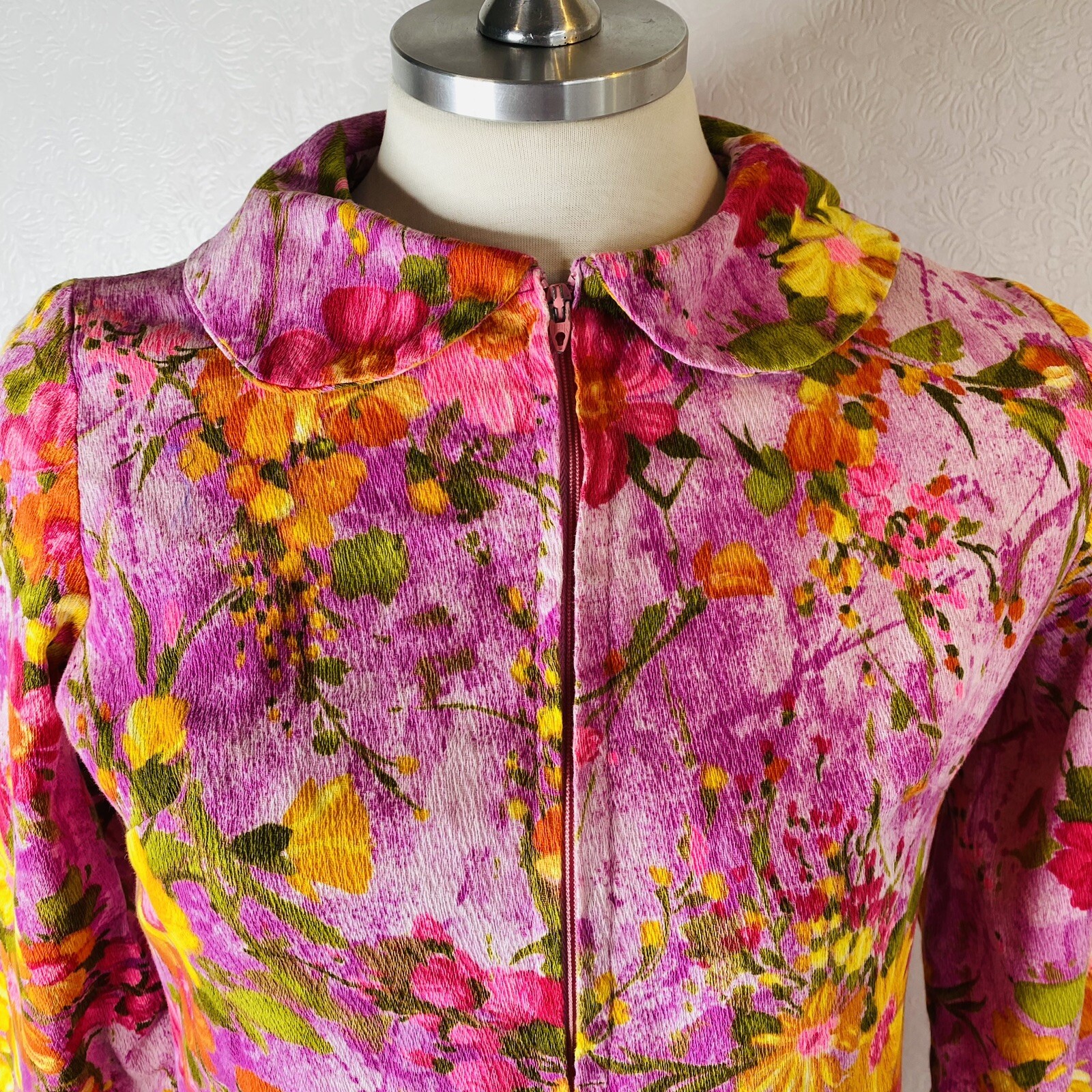Vtg 60s 70s Midi Dress sz S Purple Floral 3/4 Sleeves Pockets Handmade Unbranded
