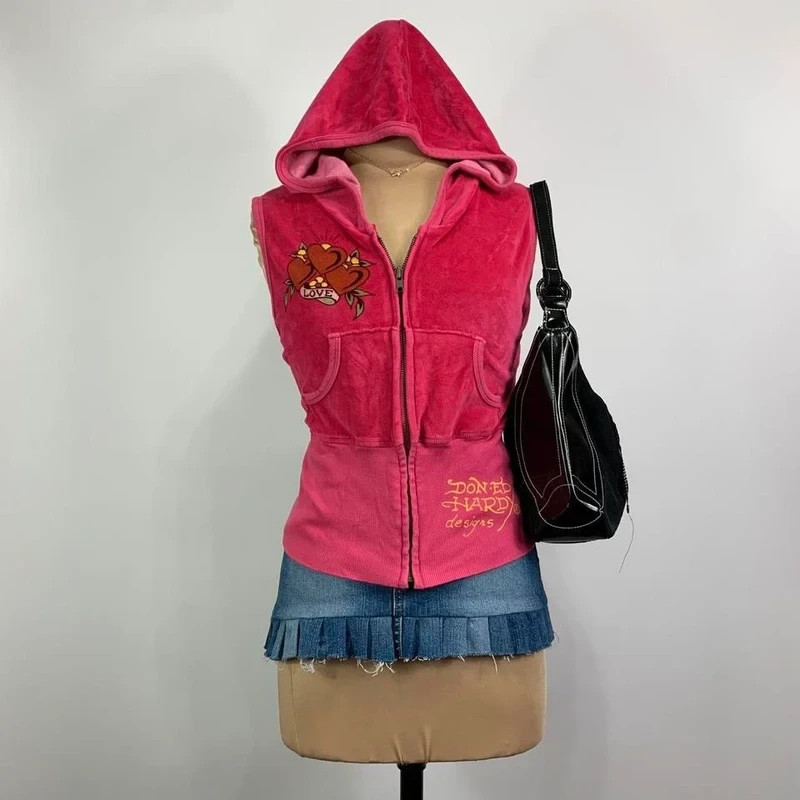 Vintage Y2K Ed Hardy Velour Pink Womens Track Suit Sleeveless Vest Size Large