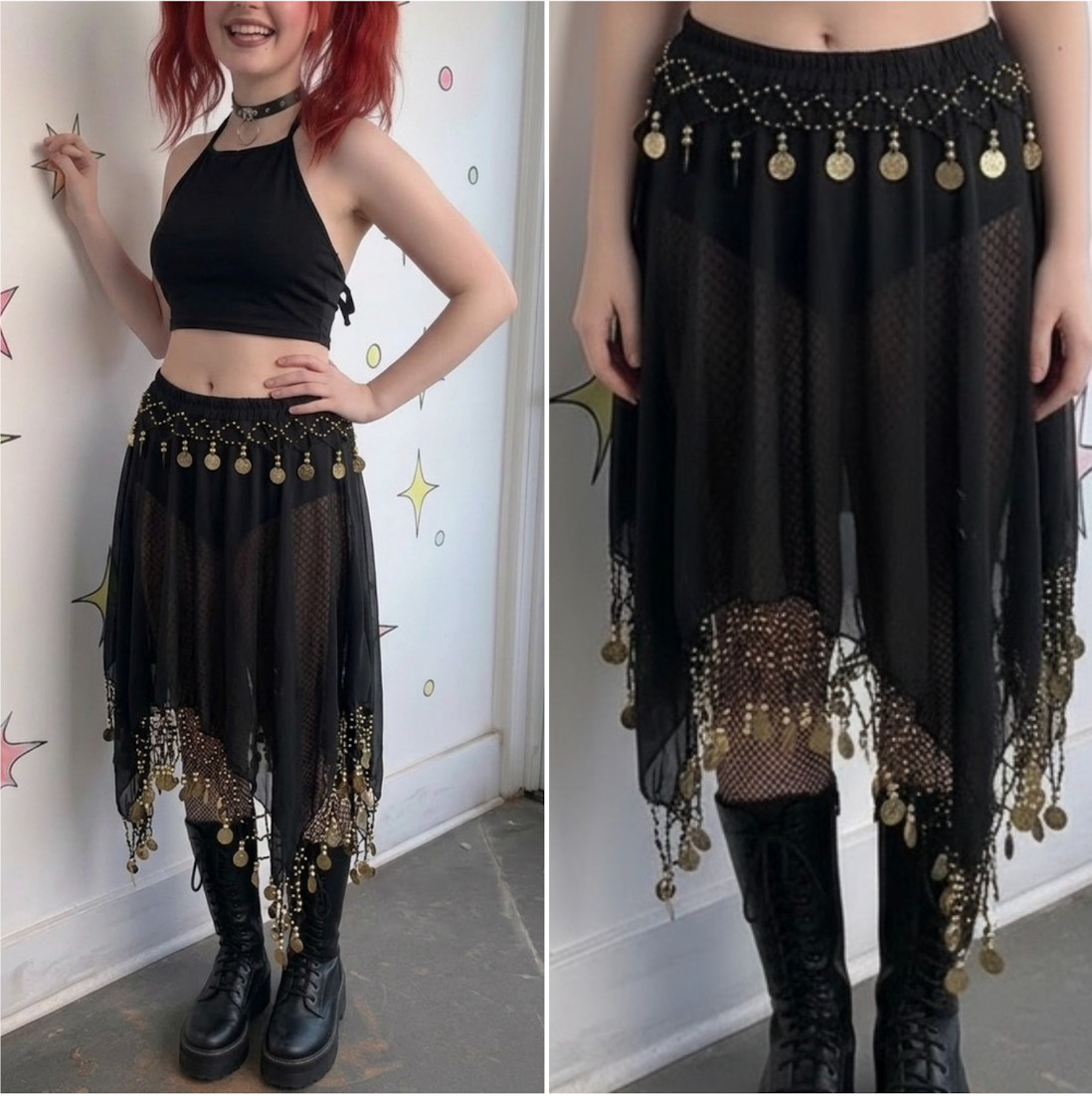 Black and Gold Asymmetrical Chainmail Skirt Coin Sheer Belly Dance S