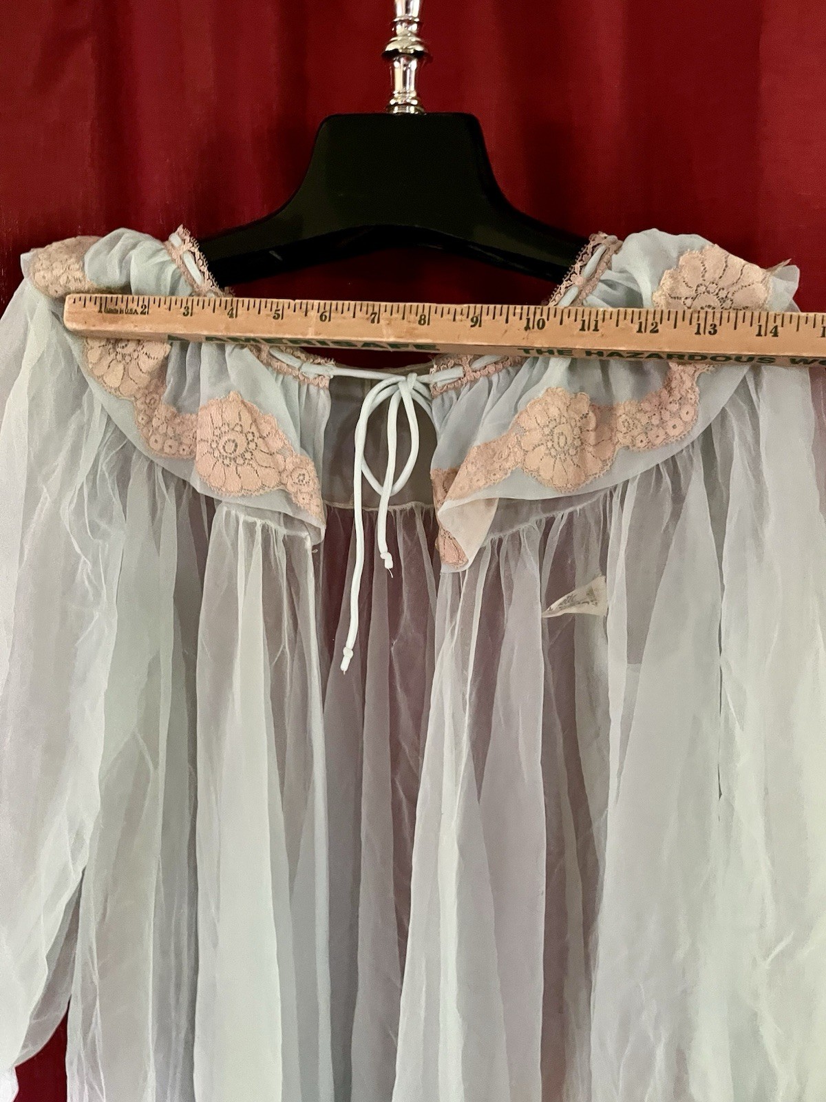 Lisette Medium Light Blue Sheer Chiffon Peignoir Baby Doll Robe Beige Lace Trim