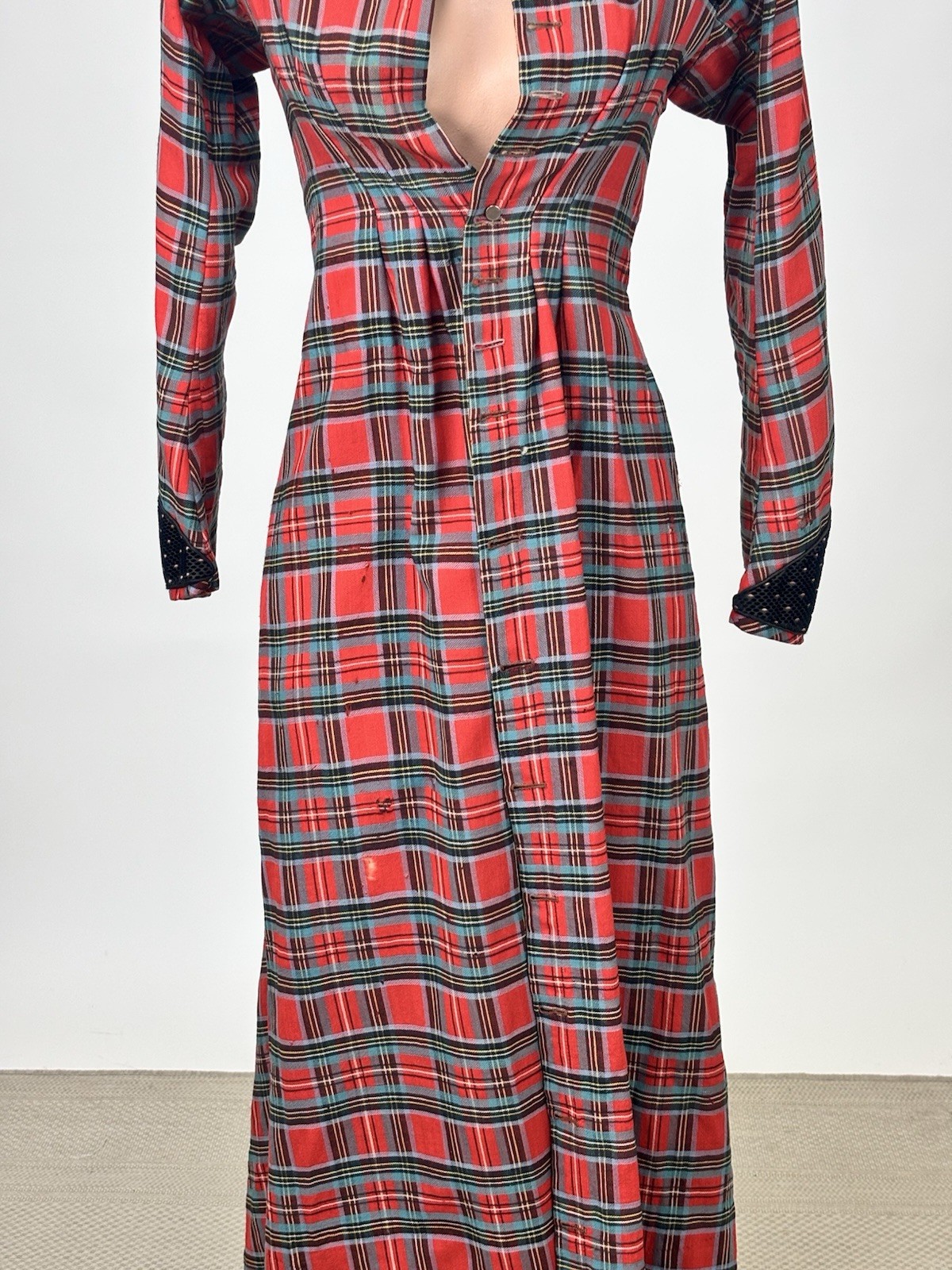 Antique Victorian Walking Coat Plaid Red Green Black Yellow Burnout Velvet AS IS