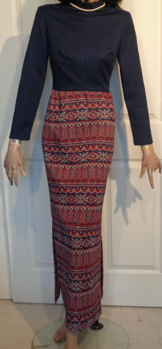 Vintage Long Polyester Knit Red Blue Hostess Dress B36 A Yardley Fashion 10