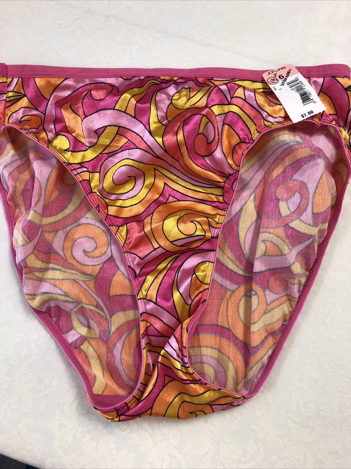 delicates panties high cut leg NWT size 6 bikini groovy Mod Pink Orange Swirl