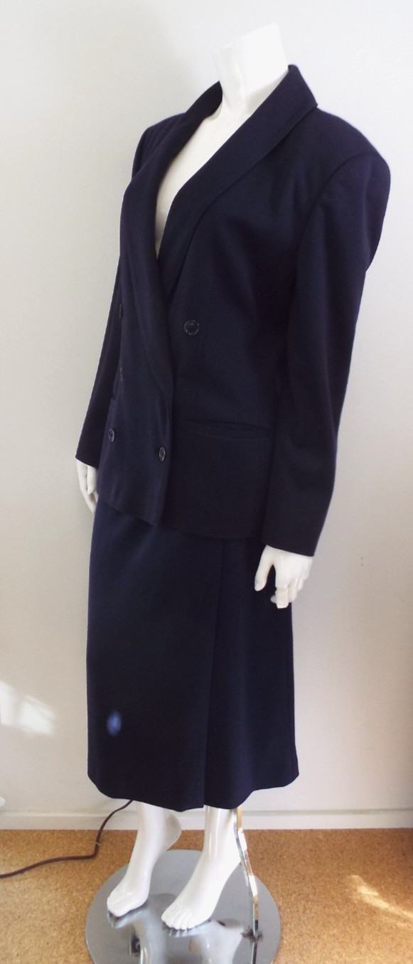 Vintage Giorgio Armani Navy Blue Wool Skirt Suit Double Breasted Blazer 44 Italy