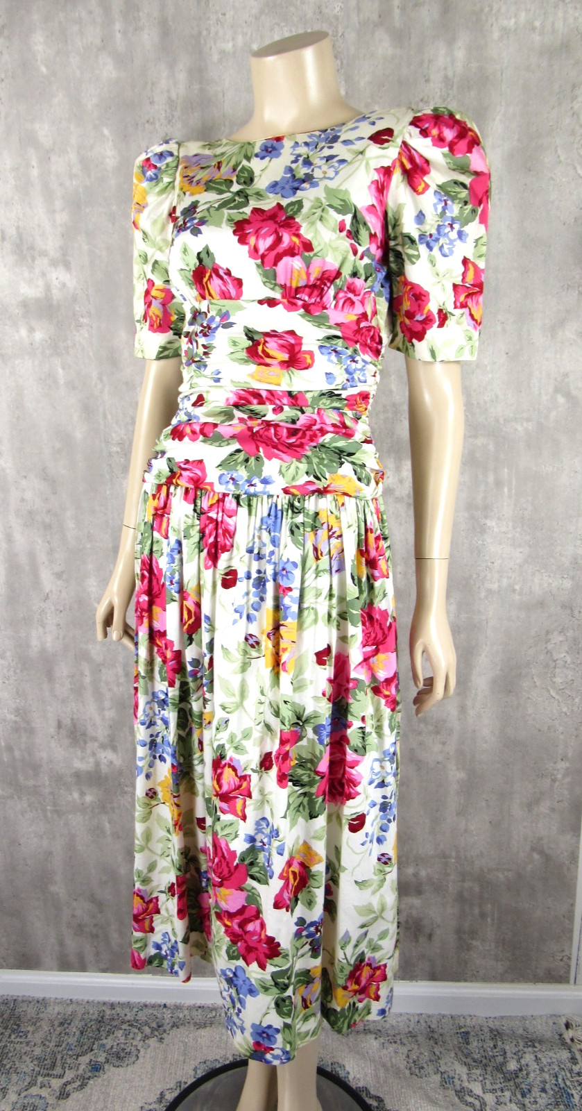 Vintage 80s Misty Lane Floral Cotton Garden Party Tea Dress Open Back Midi Dress