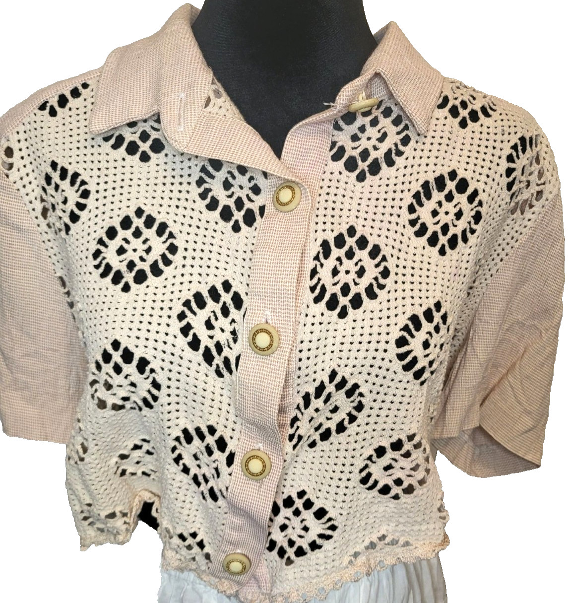 Vtg 90&rsquo;s Pink White Gingham Crochet Cropped Button Up 16 Cottage Fairy Coquette