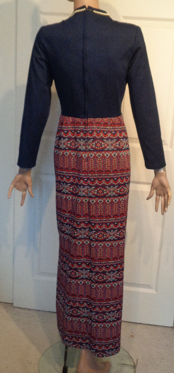 Vintage Long Polyester Knit Red Blue Hostess Dress B36 A Yardley Fashion 10