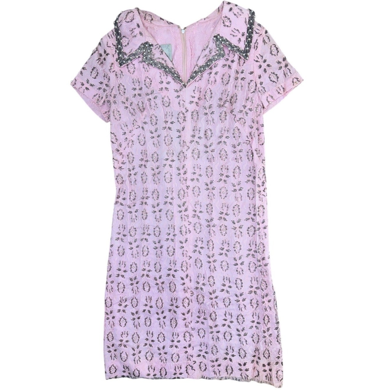 Vintage 70s Andora Hong Kong Pink Beaded Lace Sheath Dress Size 12
